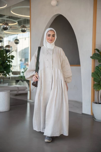 Light beige linen abaya C:J1033 Beige
